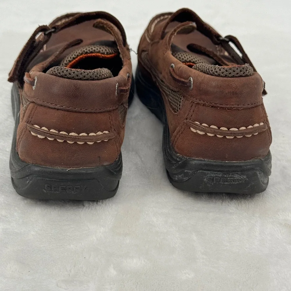 Sperry Top Sider Boys Brown Leather Boat Shoes Youth Size 3 Easy No Tie straps